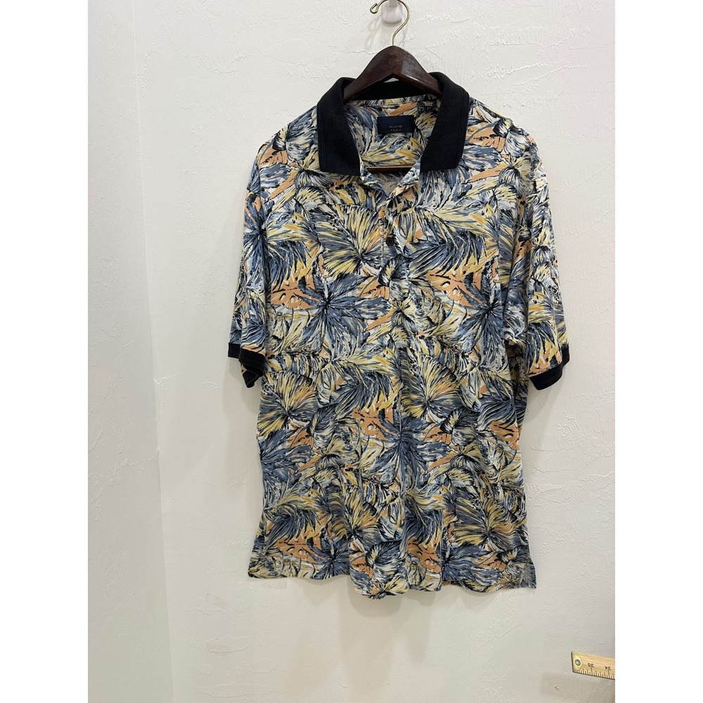 Axis LA Mens XL Polo Shirt Tropical Palm Leaf Print Cotton Short Sleeve Blue